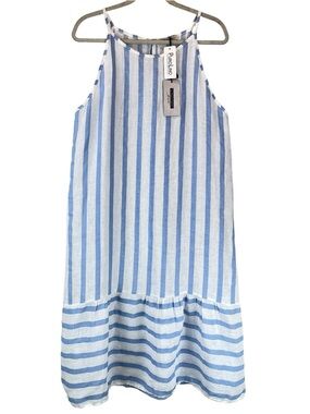 NEW Lungo L’Arno 100% Linen Midi Dress Blue White Stripe Coastal Beachy L NWT